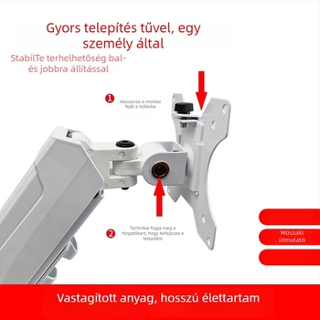 Monitor állvány pneumatikus karral, állítható magasságú és forgó mechanikus kar, anyag: szénacél + ABS + PA
