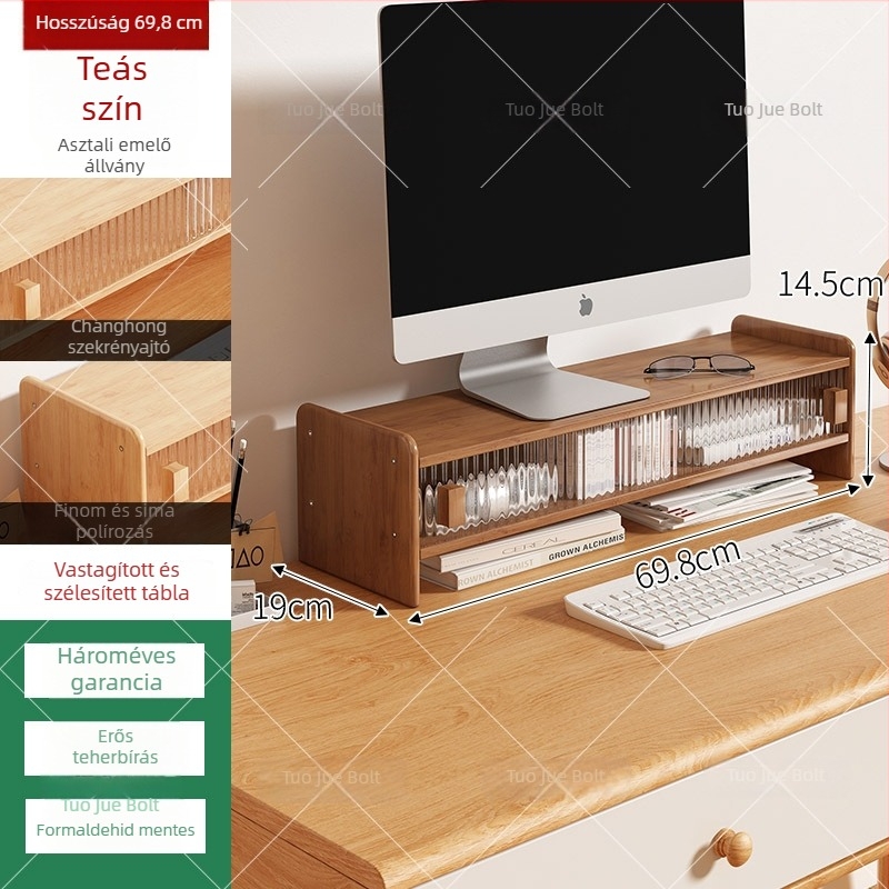 Bambuszból készült két szintű asztali monitorállvány tárolóval, modern minimalista stílus, multifunkcionális