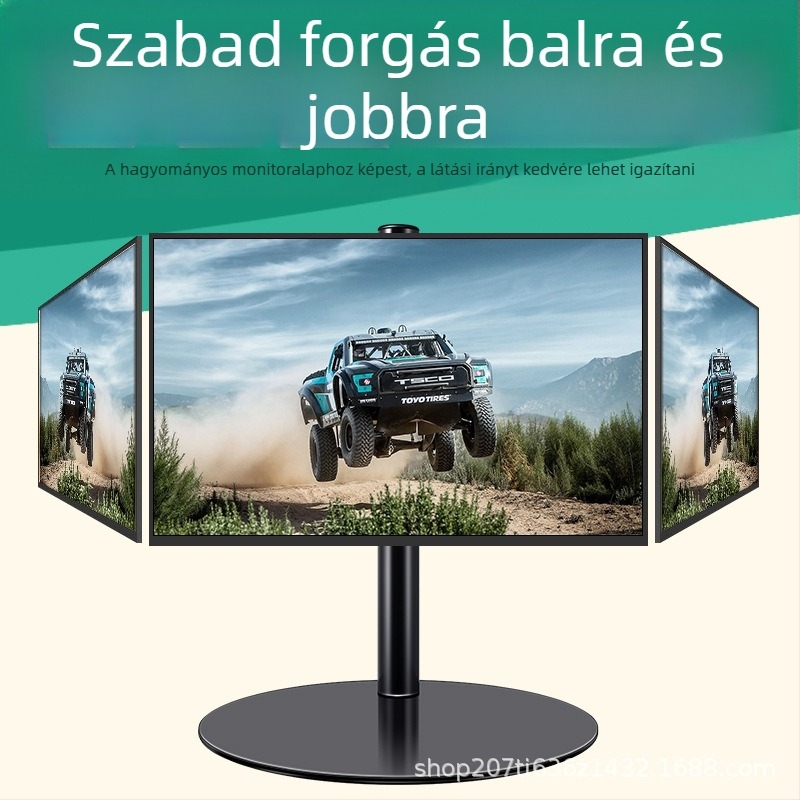 Asztali monitorállvány 360°-os forgással, fúrás nélküli rögzítés, magasságot növelő alap