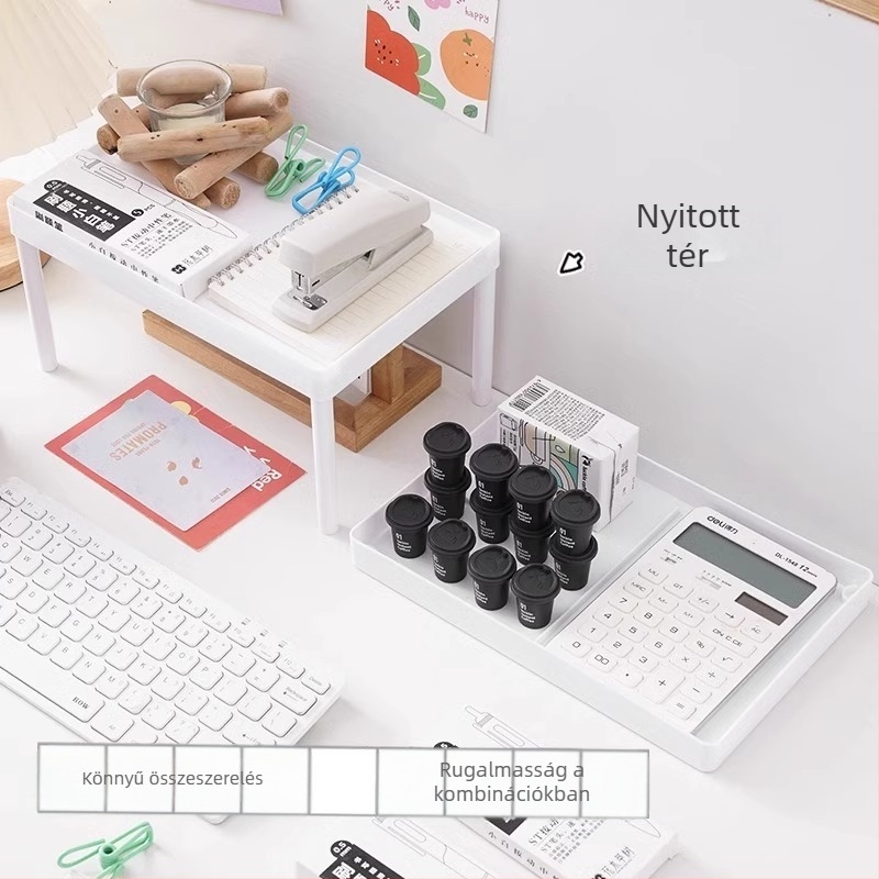 Kétállásos asztali tároló polc laptophoz és irodai kellékekhez (Műanyag; Modern minimális stílus; Hordozható és mozgatható; Összeszerelés nélkül; Nedvességálló)