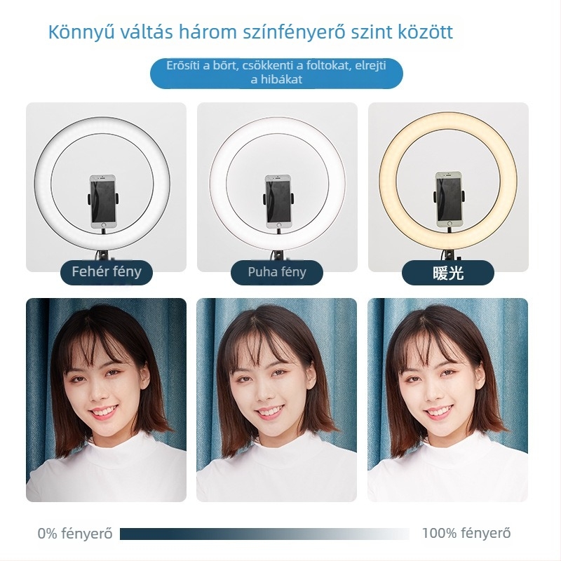 Telefonhoz gyűrűs lámpa Selfie és élő közvetítéshez – 5V, 5W, 3000–6500K, állítható fényerő