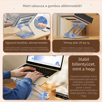 Asztali laptop-tartó alumíniumötvözet és polimer-kombinátból, magasságban állítható, összecsukható és forgatható; kompatibil notebookok/tabletek; tömeg 969 g; teherbírás akár 20 kg.