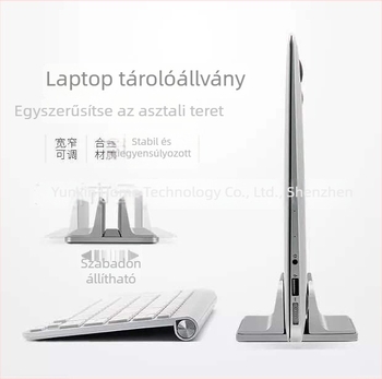 Alumínium ötvözetből készült laptop függőleges tartó állvány, univerzális, modell 2, tömeg 470 g