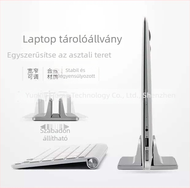 Alumínium ötvözetből készült laptop függőleges tartó állvány, univerzális, modell 2, tömeg 470 g