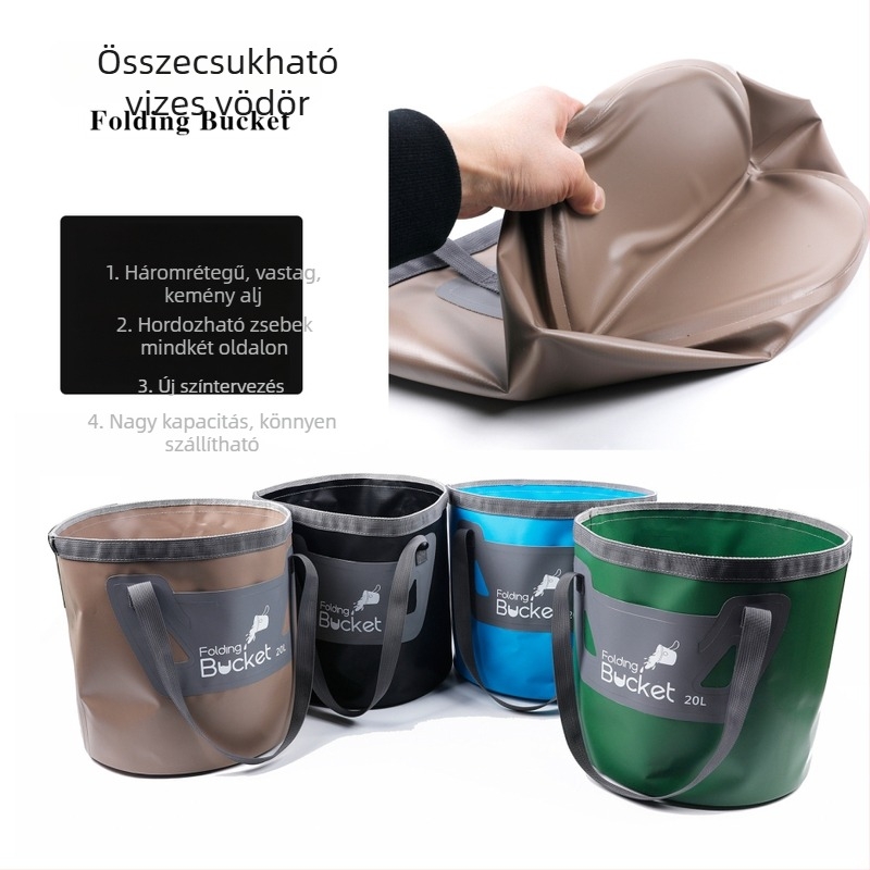 Kültéri összecsukható vízvödör PVC-kemény aljzattal, kettős réteggel, zsebbel, kempingezéshez, vízgyűjtéshez és horgászathoz