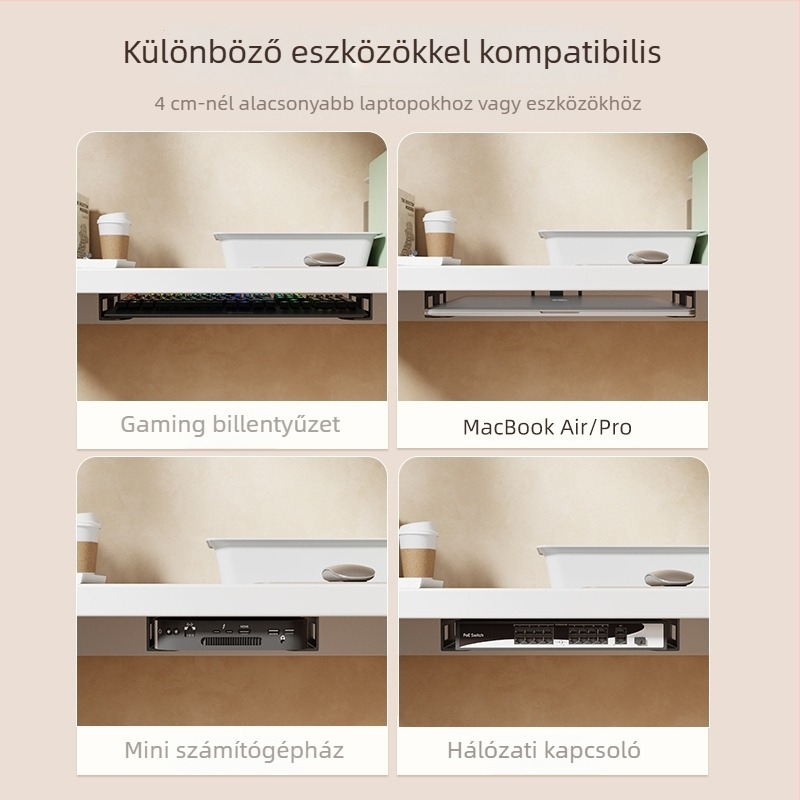 Asztal alatti laptop-tároló, műanyag kivitel, modell: Under-table storage bracket, tömeg 200 g, megjelent 2024-ben