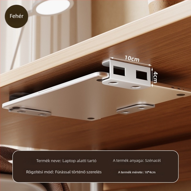 Asztal alatti laptop-tároló, műanyag kivitel, modell: Under-table storage bracket, tömeg 200 g, megjelent 2024-ben