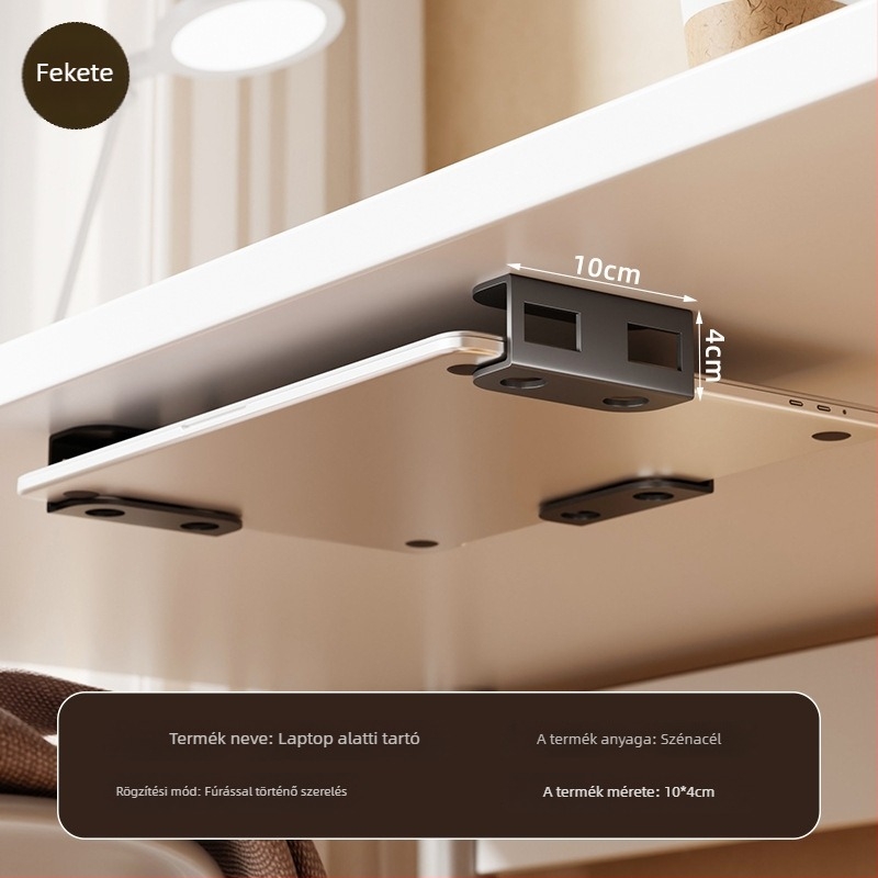 Asztal alatti laptop-tároló, műanyag kivitel, modell: Under-table storage bracket, tömeg 200 g, megjelent 2024-ben