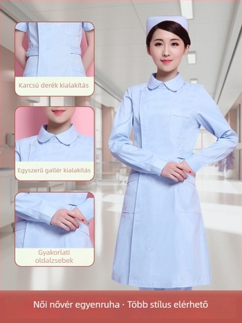 Ápolónői egyenruha felső rész: részleges gombolás, környak, hosszú ujjú, téli karcsú szabás; 90–95% pamut a dentál- és kozmetikai klinikákon dolgozó egészségügyi személyzetnek