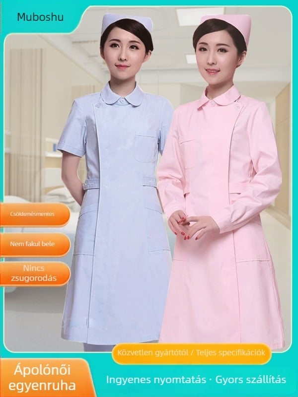 Ápolónői egyenruha felső rész: részleges gombolás, környak, hosszú ujjú, téli karcsú szabás; 90–95% pamut a dentál- és kozmetikai klinikákon dolgozó egészségügyi személyzetnek