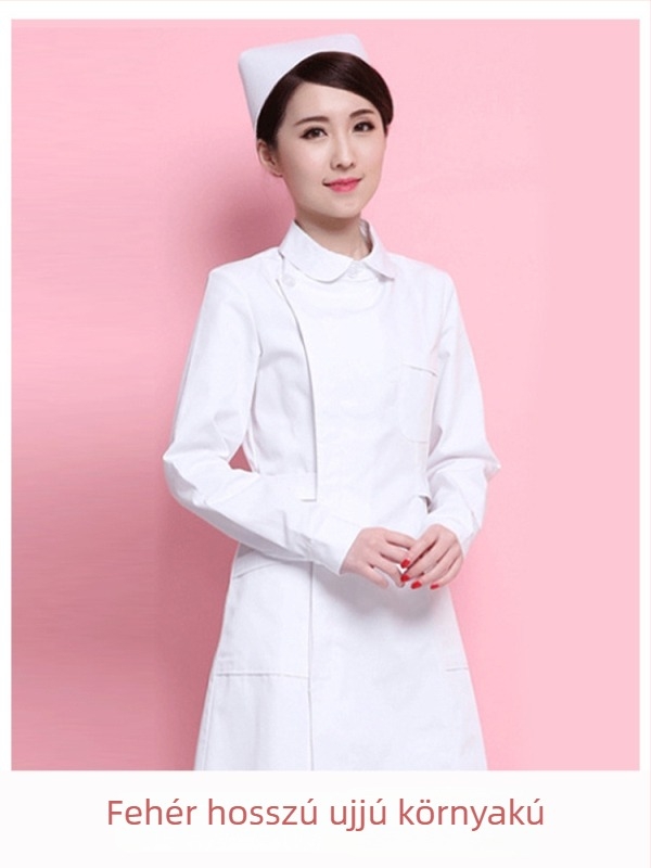 Ápolónői egyenruha felső rész: részleges gombolás, környak, hosszú ujjú, téli karcsú szabás; 90–95% pamut a dentál- és kozmetikai klinikákon dolgozó egészségügyi személyzetnek
