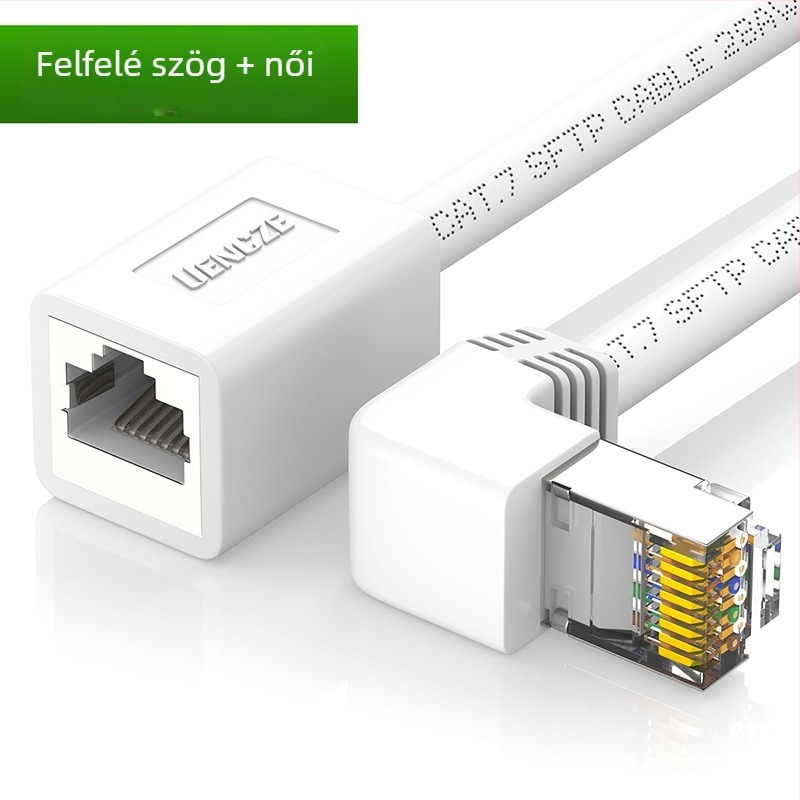 Cat7 hálózati hosszabbító kábel RJ45 férfi–női könyök adapterrel; hosszok: 0.5 m, 1 m, 1.5 m, 2 m, 3 m