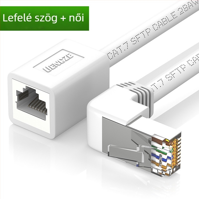 Cat7 hálózati hosszabbító kábel RJ45 férfi–női könyök adapterrel; hosszok: 0.5 m, 1 m, 1.5 m, 2 m, 3 m
