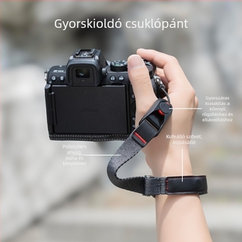 Kameracsukló pánt gyorskioldóval; kompatibilis tükör nélküli és DSLR fényképezőgépekkel; kompatibil Fuji X-T5, Canon R50, Nikon Z30, Sony ZV-E10