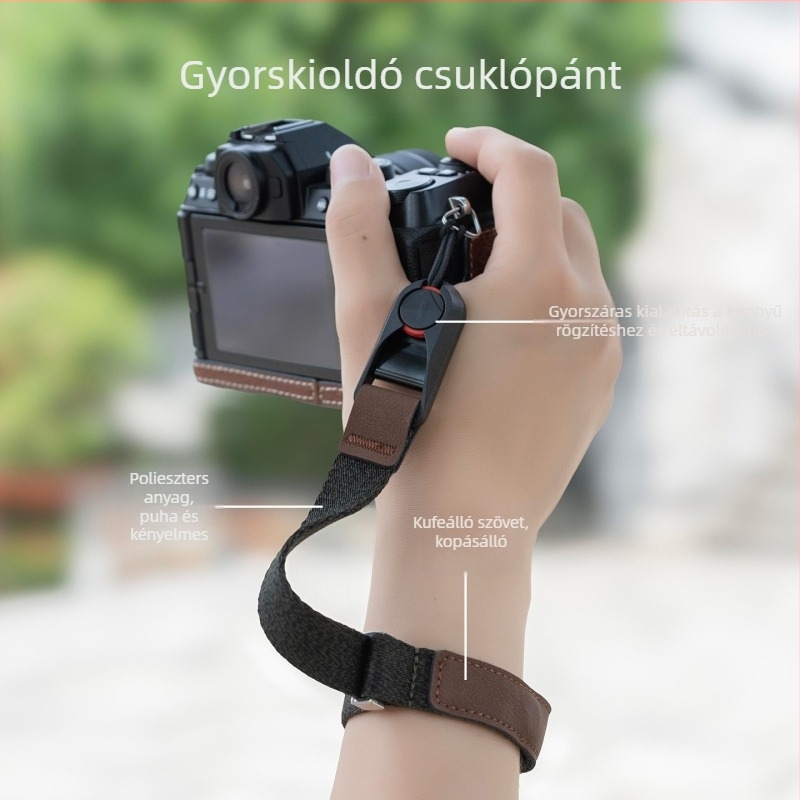 Kameracsukló pánt gyorskioldóval; kompatibilis tükör nélküli és DSLR fényképezőgépekkel; kompatibil Fuji X-T5, Canon R50, Nikon Z30, Sony ZV-E10