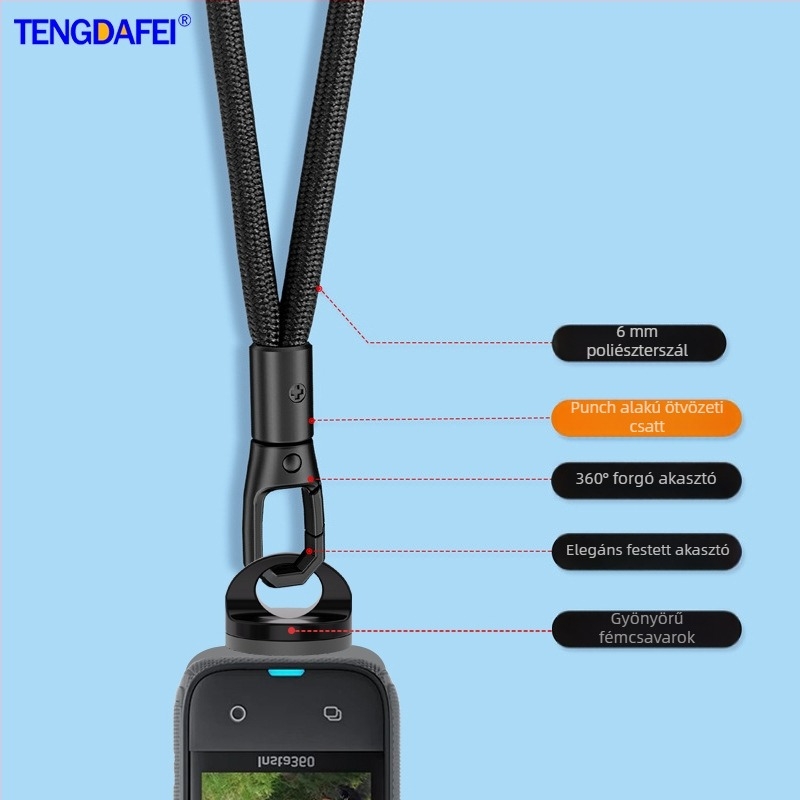 Akciókamera pánt Insta360 X4/AcePro/X5/Go3/RS – poliészter anyag, fém csat, anti-loss zsinór, egyedi logó nyomtatás