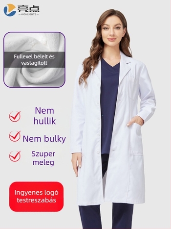 Orvosi fehér köpeny fleece béléssel, uniszex, anti-sztatikus, hosszú ujjú, kabát hossza 80–100 cm