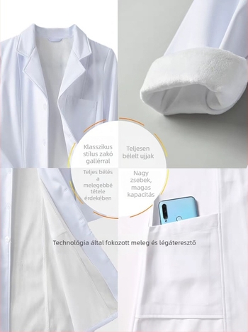 Orvosi fehér köpeny fleece béléssel, uniszex, anti-sztatikus, hosszú ujjú, kabát hossza 80–100 cm