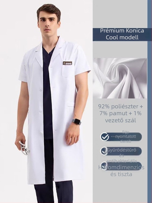 Orvosi fehér köpeny fleece béléssel, uniszex, anti-sztatikus, hosszú ujjú, kabát hossza 80–100 cm