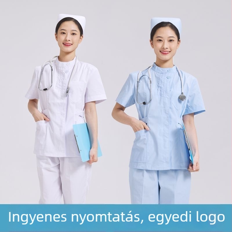 Két részes ápolói egyenruha szett: felső plisírozott környakú és nadrág, chenille anyag, nedvességelvezetés, uniszex