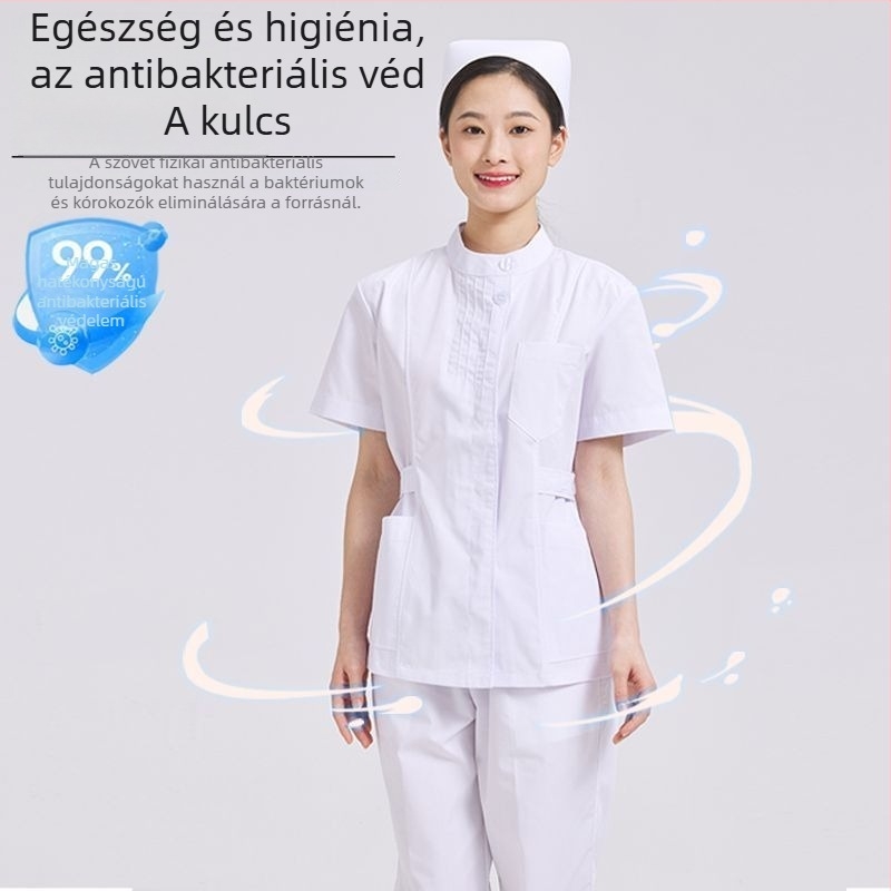 Két részes ápolói egyenruha szett: felső plisírozott környakú és nadrág, chenille anyag, nedvességelvezetés, uniszex