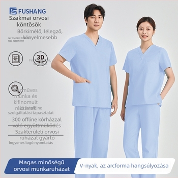 Műtőscrub készlet – uniszex, rövid ujjú, V-nyakú, 95% poliészter, sav-bázis-ellenálló, teljes készlet