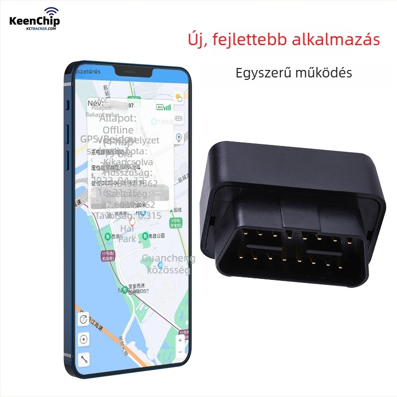 KC03 autós OBD-lokátor GPS-pontosággal 3-30, több riasztás (rezgés, áramkimaradás, kerítés, gyorshajtás), beépített GPS és GSM antenna