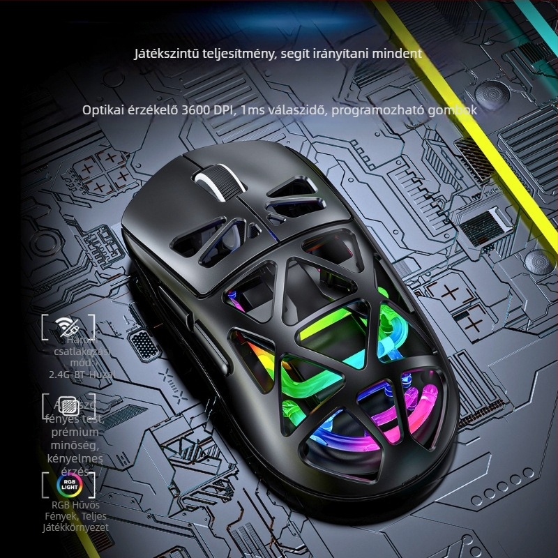 Vezeték nélküli gamer egér 3500 DPI-vel, 500 mAh újratölthető akkumulátorral, USB interfész, 10 méteres hatótávolsággal.