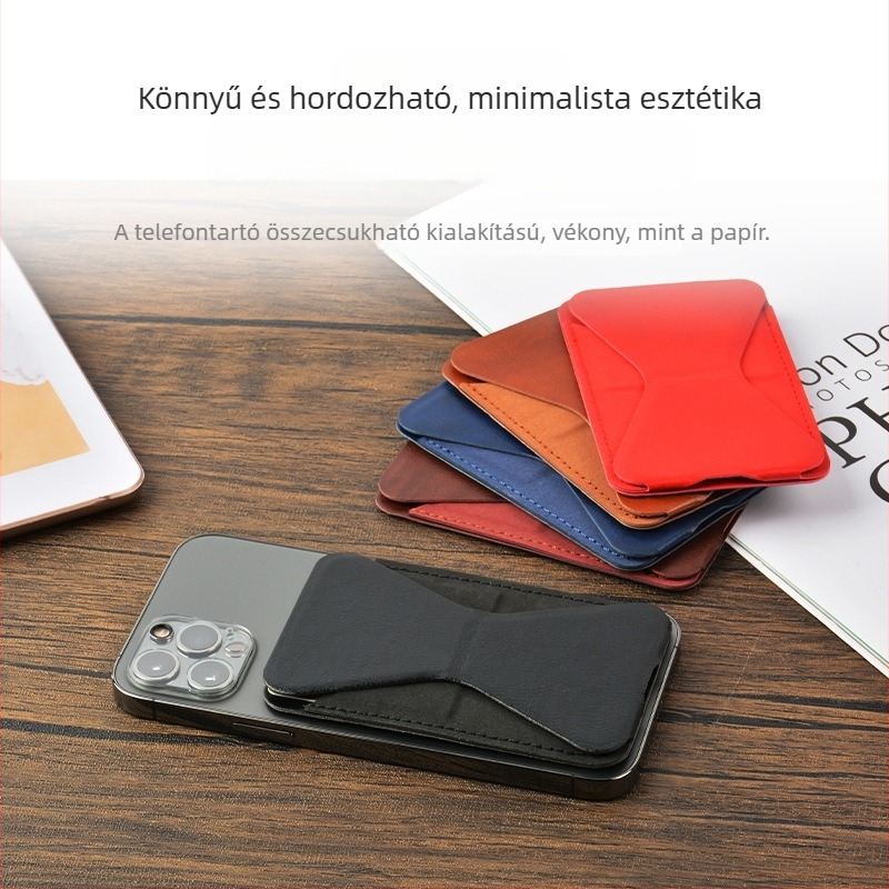 Bőr mágneses összecsukható telefonállvány kártyatartóval és pillangó alakú kártyatartóval, hátoldali ragasztóval, asztali használatra