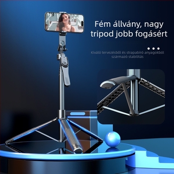 K29 telefonos szelfi stabilizátor kinyitható állvánnyal, kézi stabilizátor, alumínium ötvözet, Bluetooth távvezérlő, beépített világítás