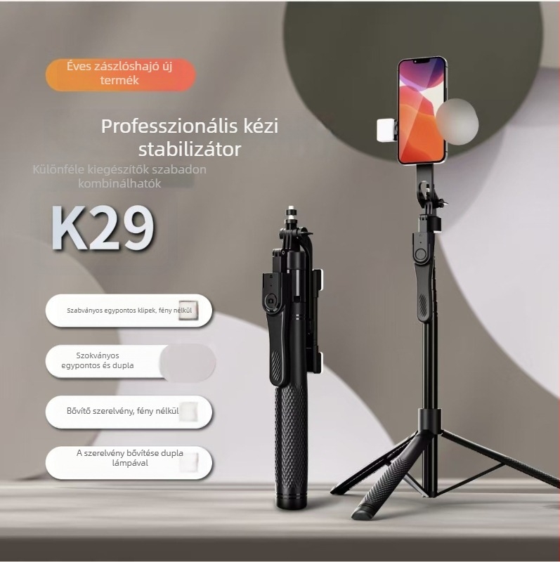 K29 telefonos szelfi stabilizátor kinyitható állvánnyal, kézi stabilizátor, alumínium ötvözet, Bluetooth távvezérlő, beépített világítás