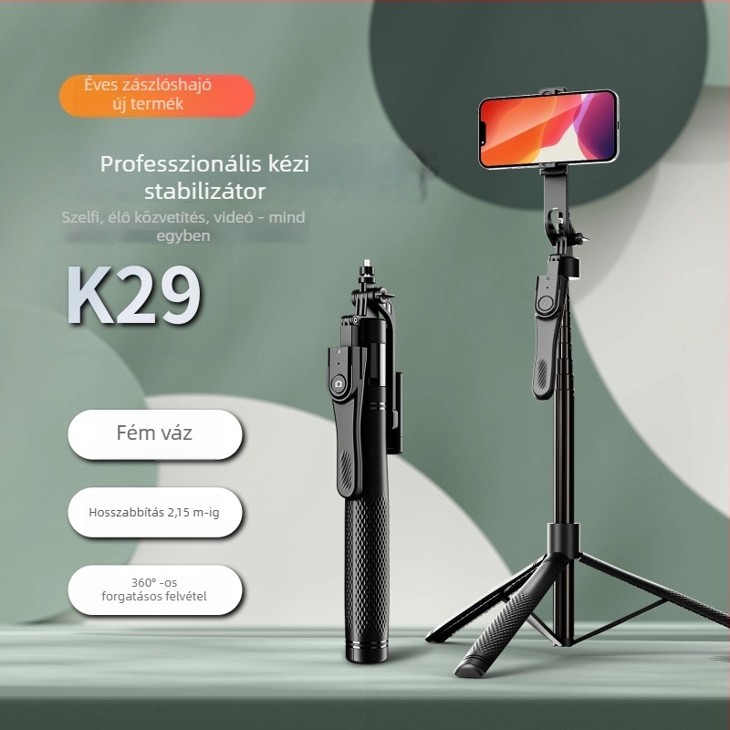K29 telefonos szelfi stabilizátor kinyitható állvánnyal, kézi stabilizátor, alumínium ötvözet, Bluetooth távvezérlő, beépített világítás