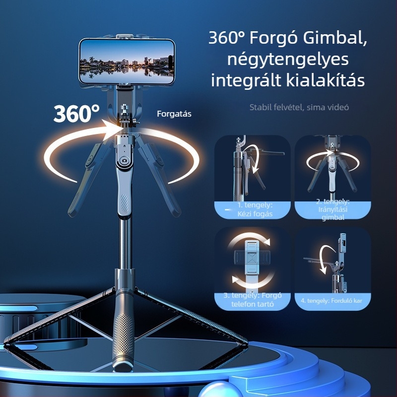 K29 telefonos szelfi stabilizátor kinyitható állvánnyal, kézi stabilizátor, alumínium ötvözet, Bluetooth távvezérlő, beépített világítás