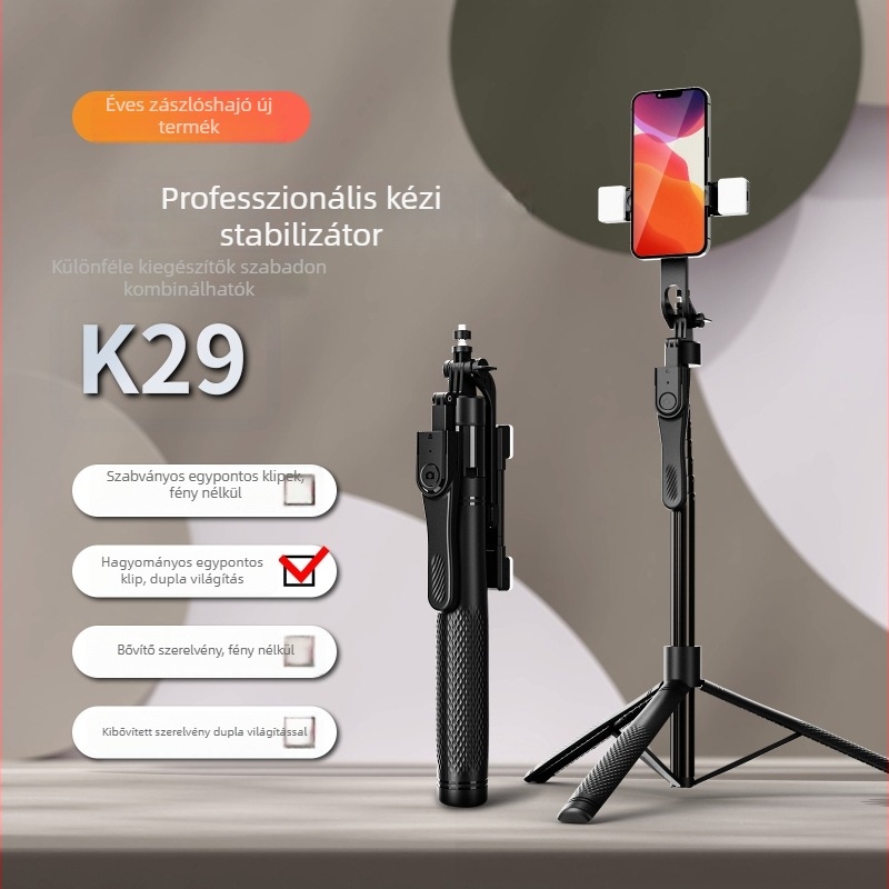K29 telefonos szelfi stabilizátor kinyitható állvánnyal, kézi stabilizátor, alumínium ötvözet, Bluetooth távvezérlő, beépített világítás