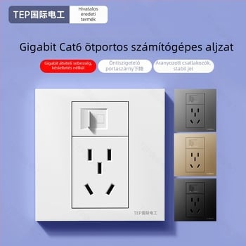 86-os típusú falra szerelt rejtett panel Cat6 hálózati porttal és 5 tűs tápcsatlakozóval, 16 A, 220 V, ón-foszfor bronz érintkezők, 3C tanúsítvány