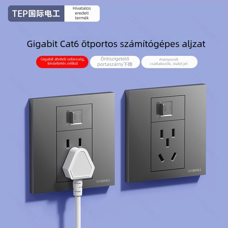 86-os típusú falra szerelt rejtett panel Cat6 hálózati porttal és 5 tűs tápcsatlakozóval, 16 A, 220 V, ón-foszfor bronz érintkezők, 3C tanúsítvány