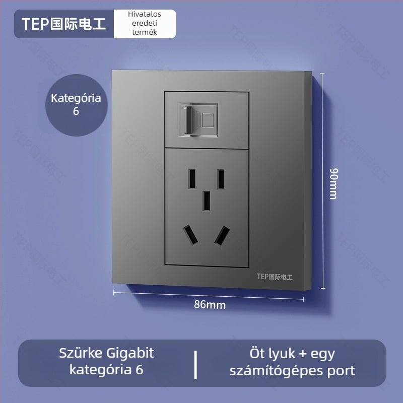 86-os típusú falra szerelt rejtett panel Cat6 hálózati porttal és 5 tűs tápcsatlakozóval, 16 A, 220 V, ón-foszfor bronz érintkezők, 3C tanúsítvány