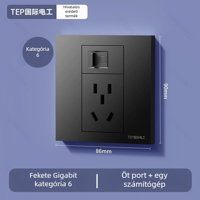 86-os típusú falra szerelt rejtett panel Cat6 hálózati porttal és 5 tűs tápcsatlakozóval, 16 A, 220 V, ón-foszfor bronz érintkezők, 3C tanúsítvány