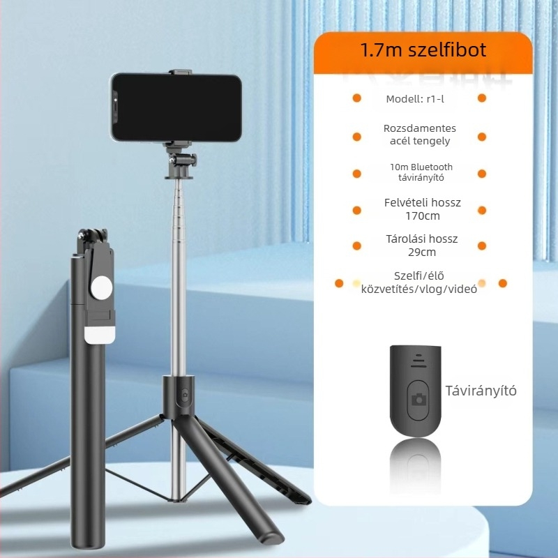 1,7 m-es selfie bot tripod, 360° forgás, padlóra álló állvány élő közvetítéshez és utazási fotózáshoz