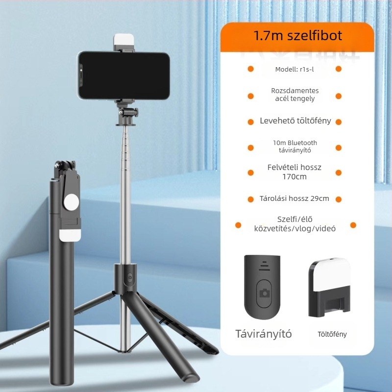 1,7 m-es selfie bot tripod, 360° forgás, padlóra álló állvány élő közvetítéshez és utazási fotózáshoz