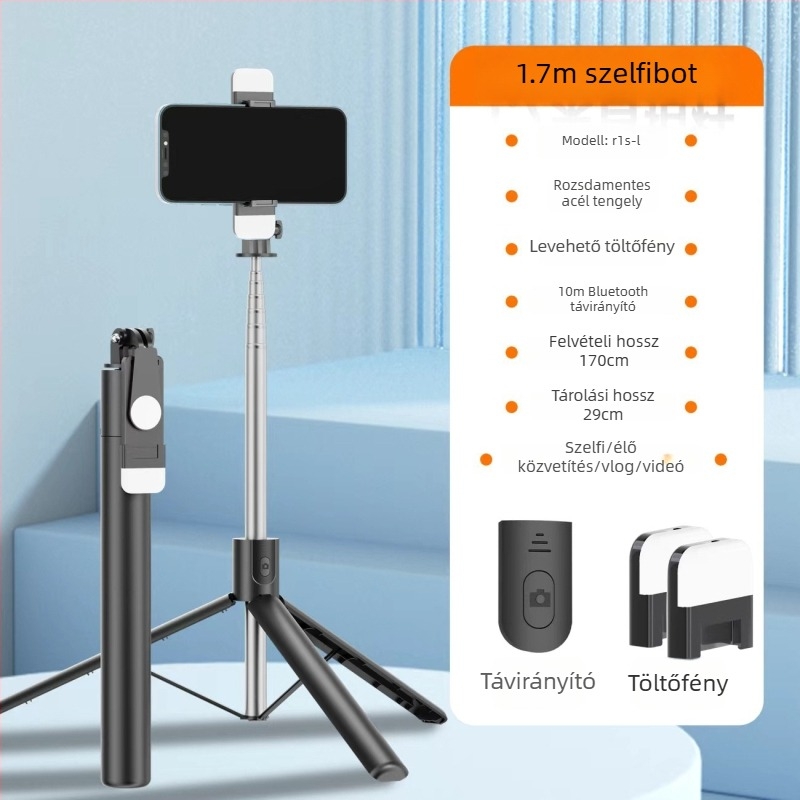 1,7 m-es selfie bot tripod, 360° forgás, padlóra álló állvány élő közvetítéshez és utazási fotózáshoz