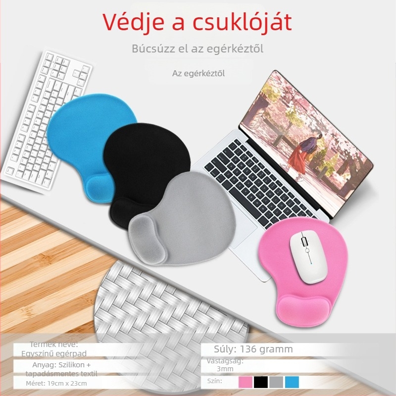 Szilikon csuklópados egérpad kéztámasz, egyoldalas, csúszásmentes, asztali használatra