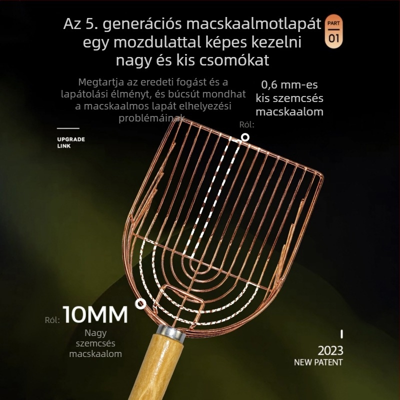Rozsdamentes acél macskaalom lapát kampóval és fából készült nyéllel, nagy méret