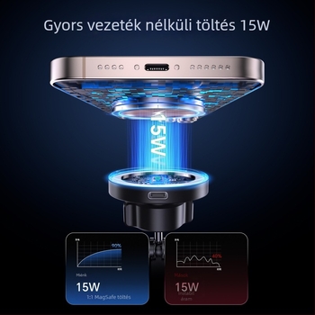 Mágneses autós tartó vákuumos rögzítéssel, 15W-es vezeték nélküli töltő, cinkötvözet, LED fény, rezgésálló