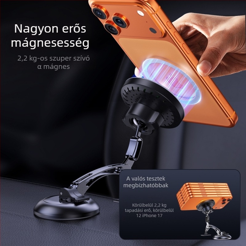 Mágneses autós tartó vákuumos rögzítéssel, 15W-es vezeték nélküli töltő, cinkötvözet, LED fény, rezgésálló