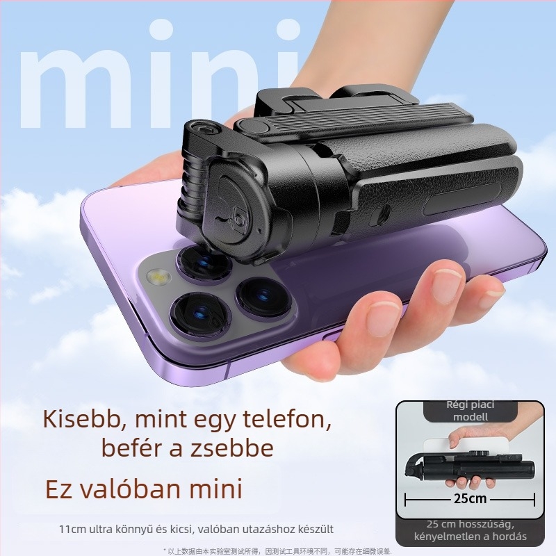 Mini négylábú tripod telefonhoz, 360° forgás, alumíniumötvözet, távirányító, kitöltő fény, Bluetooth