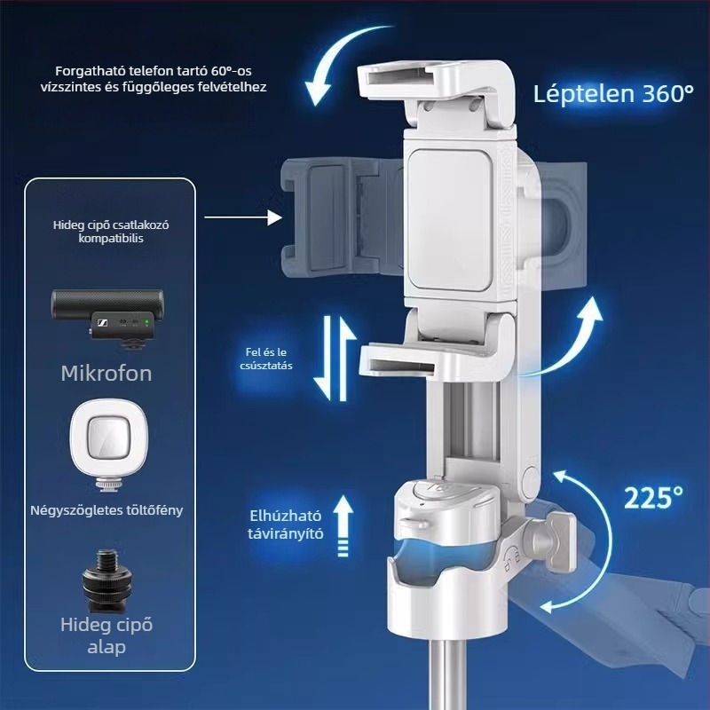 Mini négylábú tripod telefonhoz, 360° forgás, alumíniumötvözet, távirányító, kitöltő fény, Bluetooth