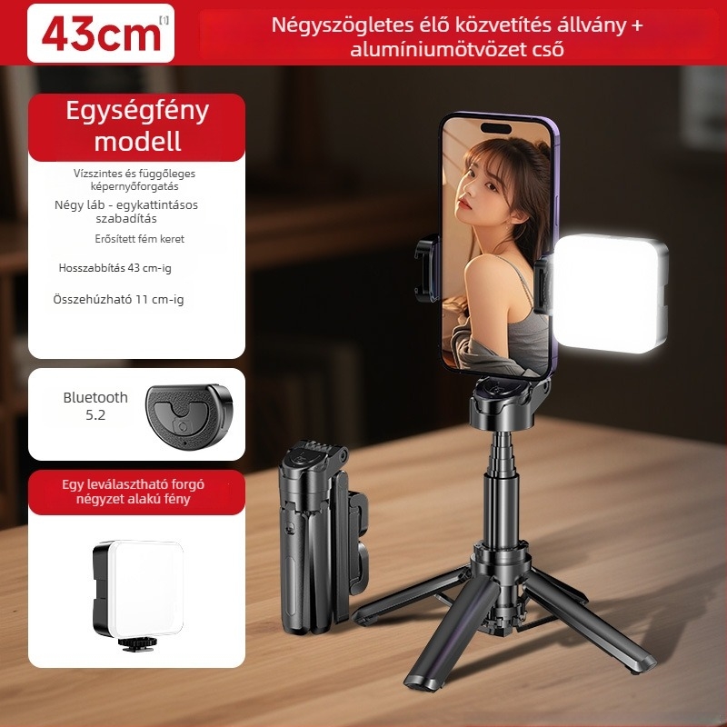 Mini négylábú tripod telefonhoz, 360° forgás, alumíniumötvözet, távirányító, kitöltő fény, Bluetooth