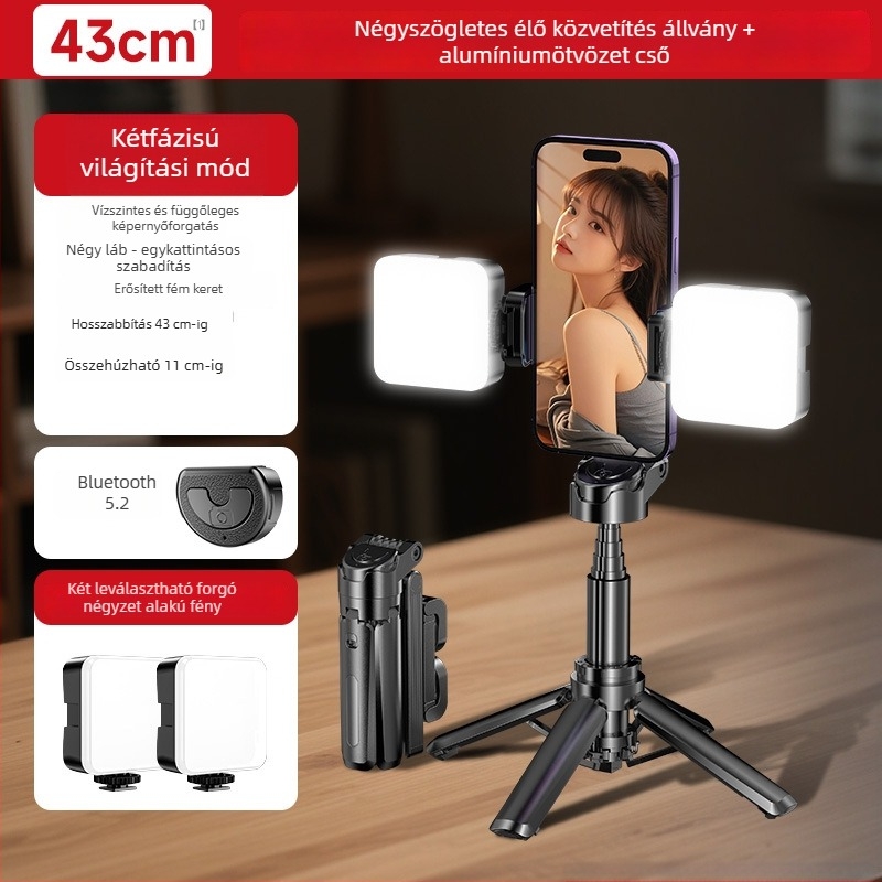 Mini négylábú tripod telefonhoz, 360° forgás, alumíniumötvözet, távirányító, kitöltő fény, Bluetooth
