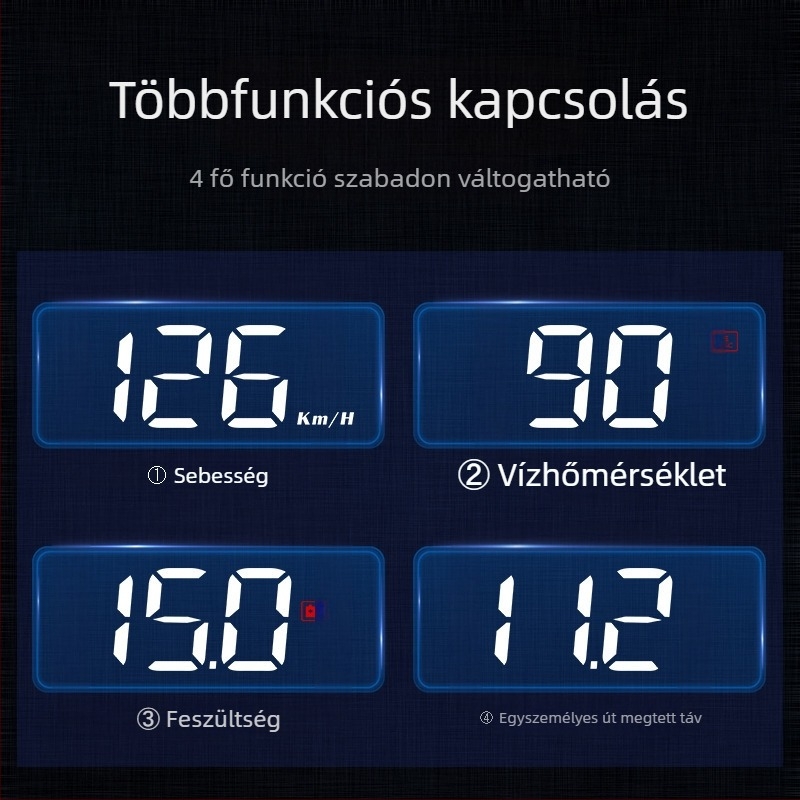 Autó Head-Up kijelző (HUD) OBD-vel, 360° holografikus kép, GPS, sebességmérő és többfunkciós mérő — manuális működtetés, akkumulátorról táplált